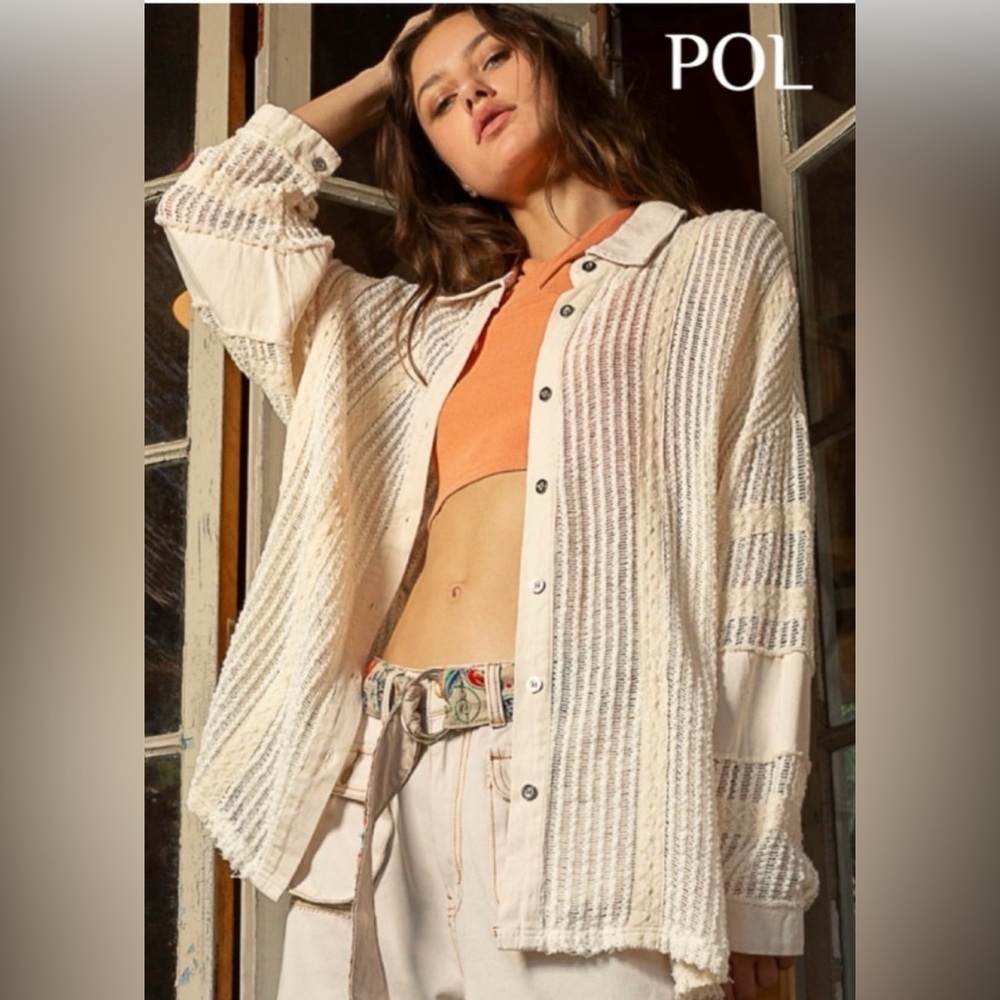 POL New Oatmeal Oversized Button Down Open Weave Top Size Small